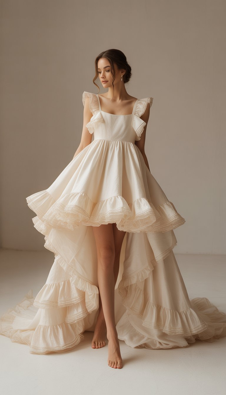 A bride standing in a studio wearing a wedding dress with a short front and long back hem, featuring multiple ruffled layers.